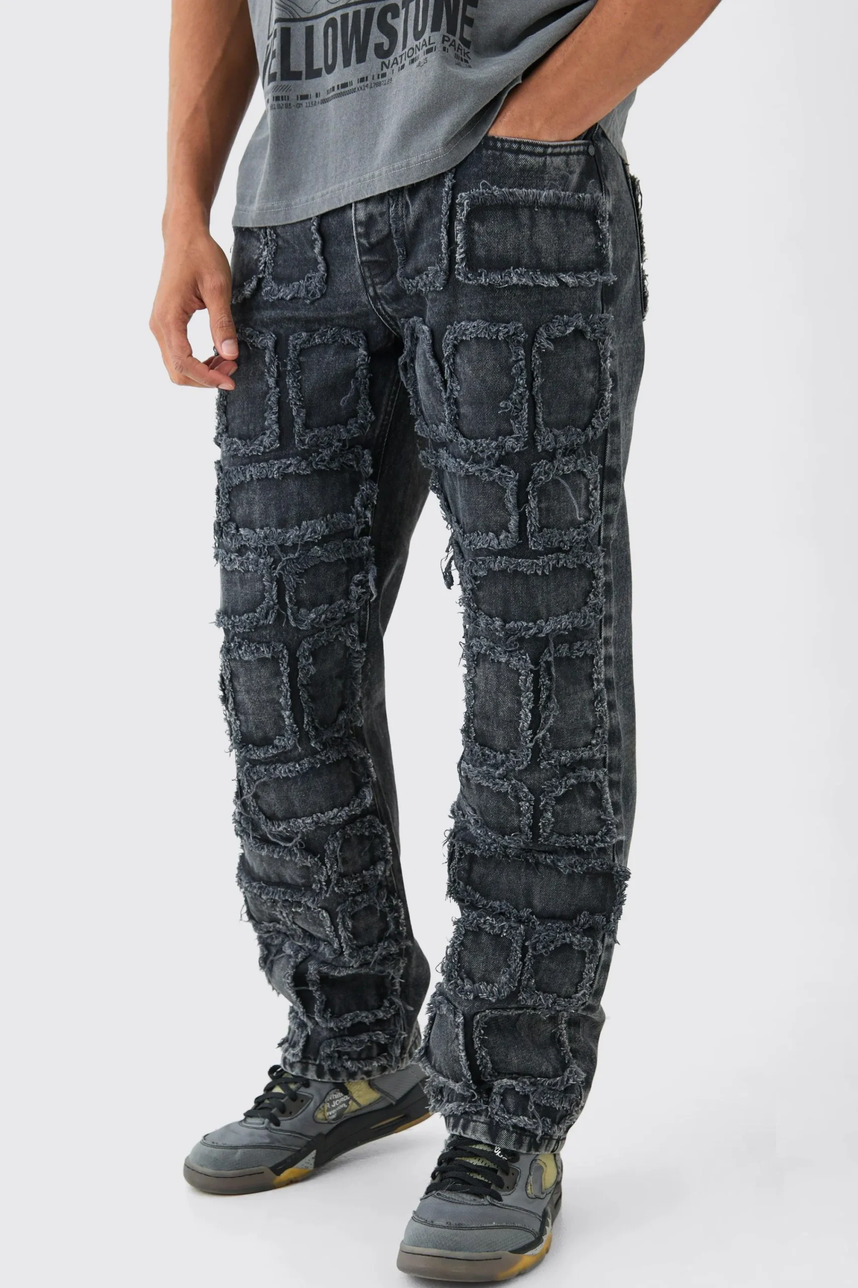 boohooMAN Relaxed Rigid Distressed Patchwork Jeans In | UK| Jeans