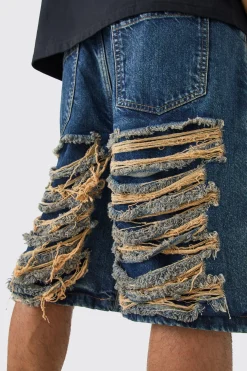 boohooMAN Relaxed Rigid Extreme Ripped Denim Jorts In | UK| Shorts