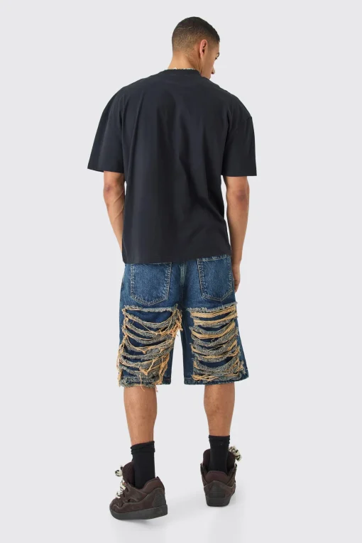 boohooMAN Relaxed Rigid Extreme Ripped Denim Jorts In | UK| Shorts