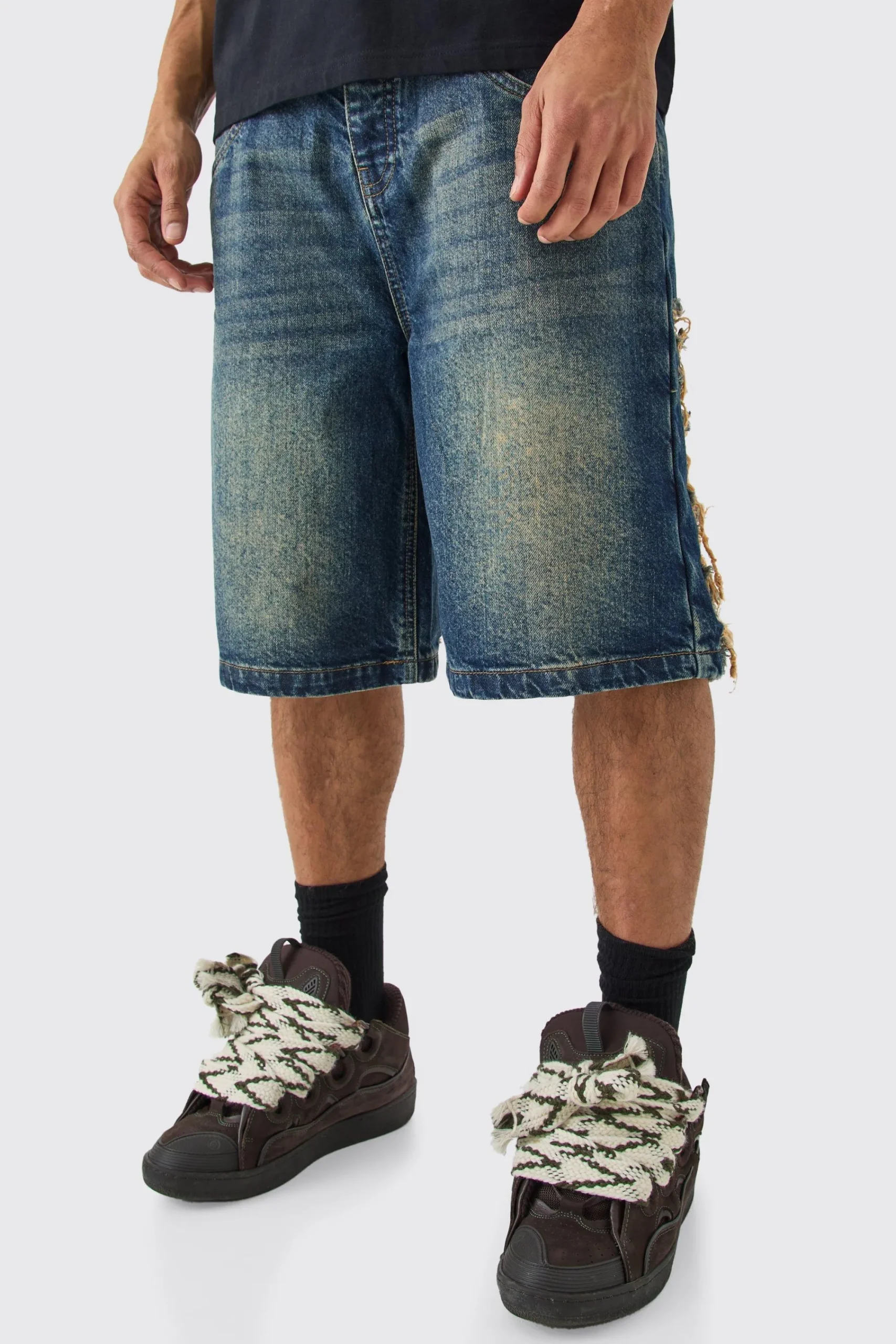 boohooMAN Relaxed Rigid Extreme Ripped Denim Jorts In | UK| Shorts