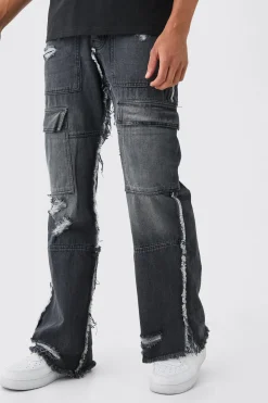 boohooMAN Relaxed Rigid Flare Frayed Edge Cargo Jeans | UK| Trousers|Jeans