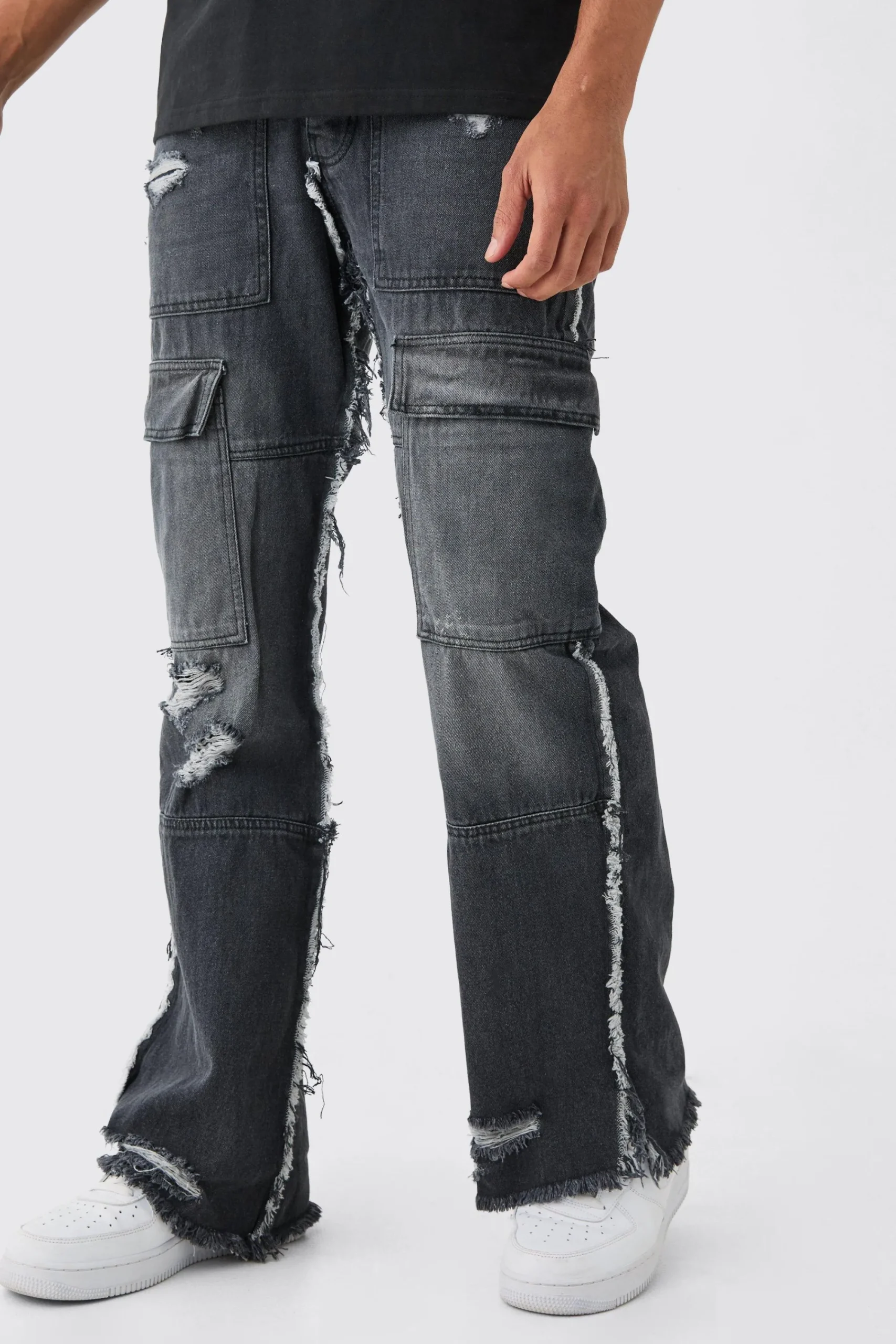 boohooMAN Relaxed Rigid Flare Frayed Edge Cargo Jeans | UK| Trousers|Jeans