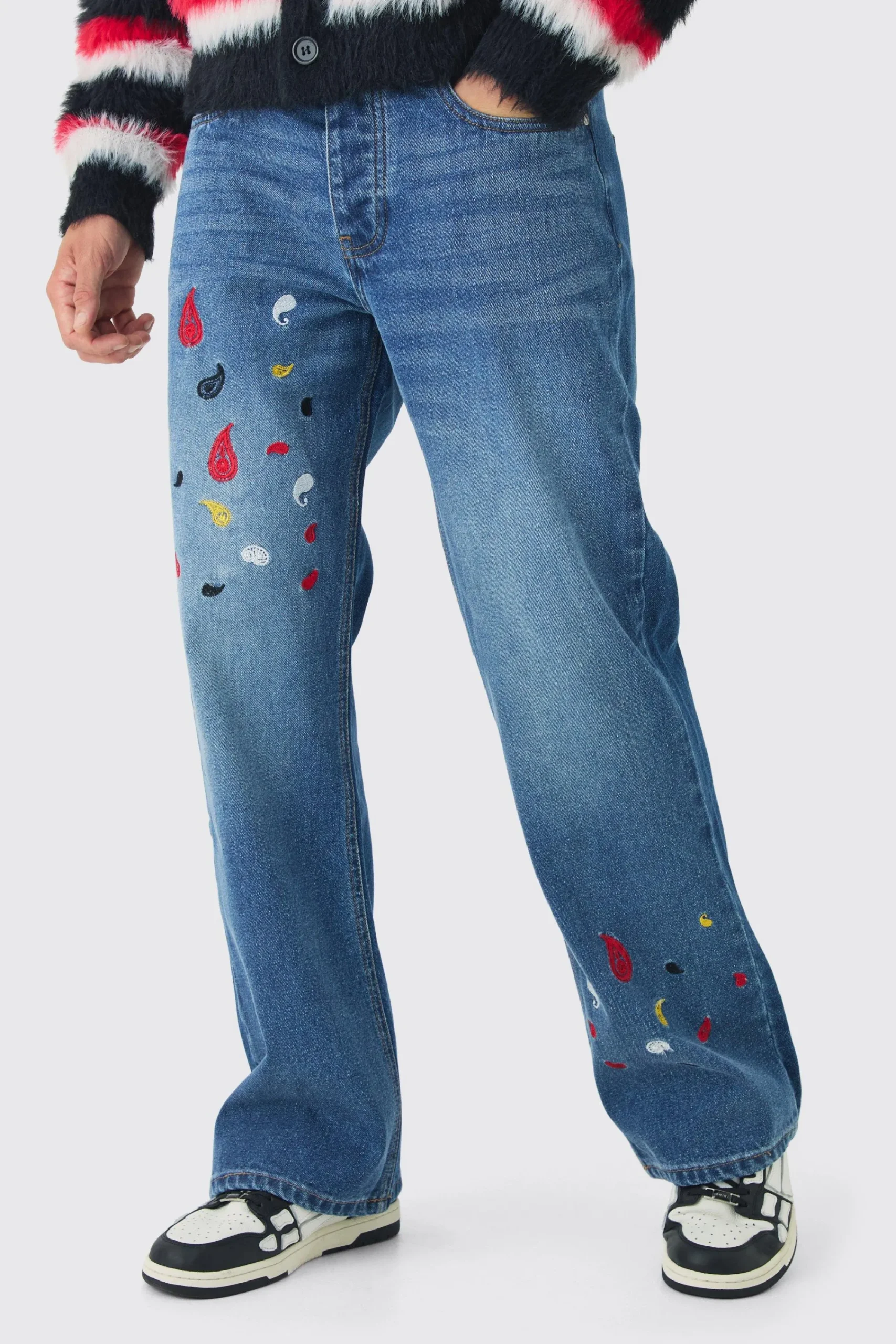 boohooMAN Relaxed Rigid Flare Paisley Embroidered Jeans | UK| Trousers|Jeans