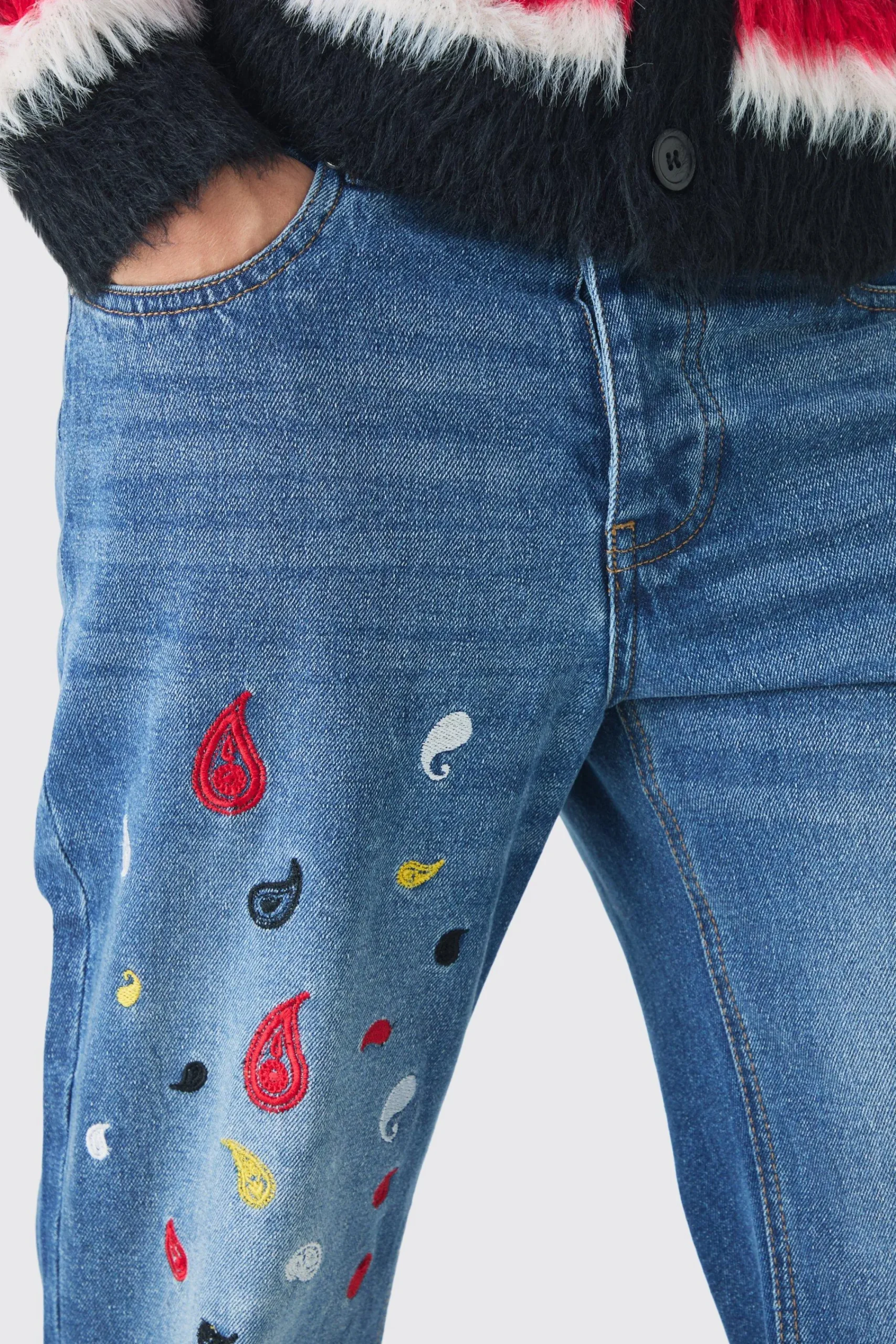 boohooMAN Relaxed Rigid Flare Paisley Embroidered Jeans | UK| Trousers|Jeans