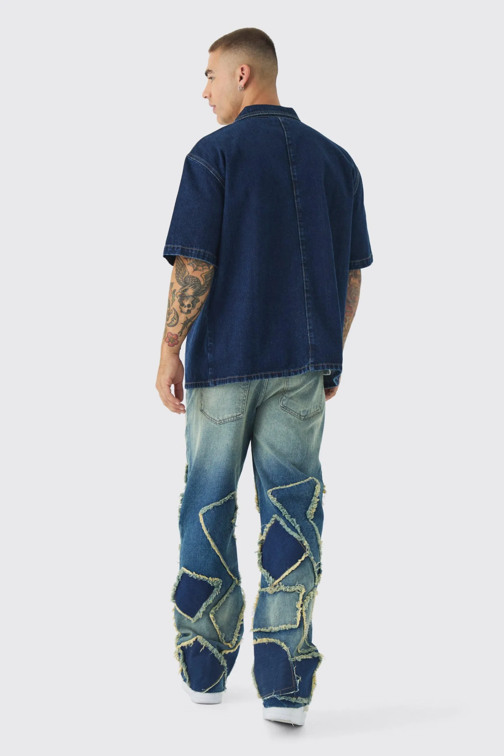 boohooMAN Relaxed Rigid Flare Patchwork Distressed Jeans | UK| Jeans