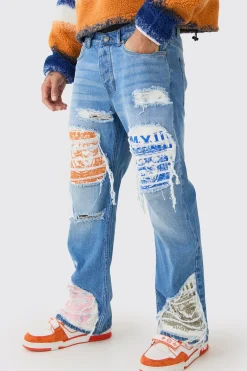 boohooMAN Relaxed Rigid Flare Rip & Repair Applique Jeans | UK| Trousers|Jeans