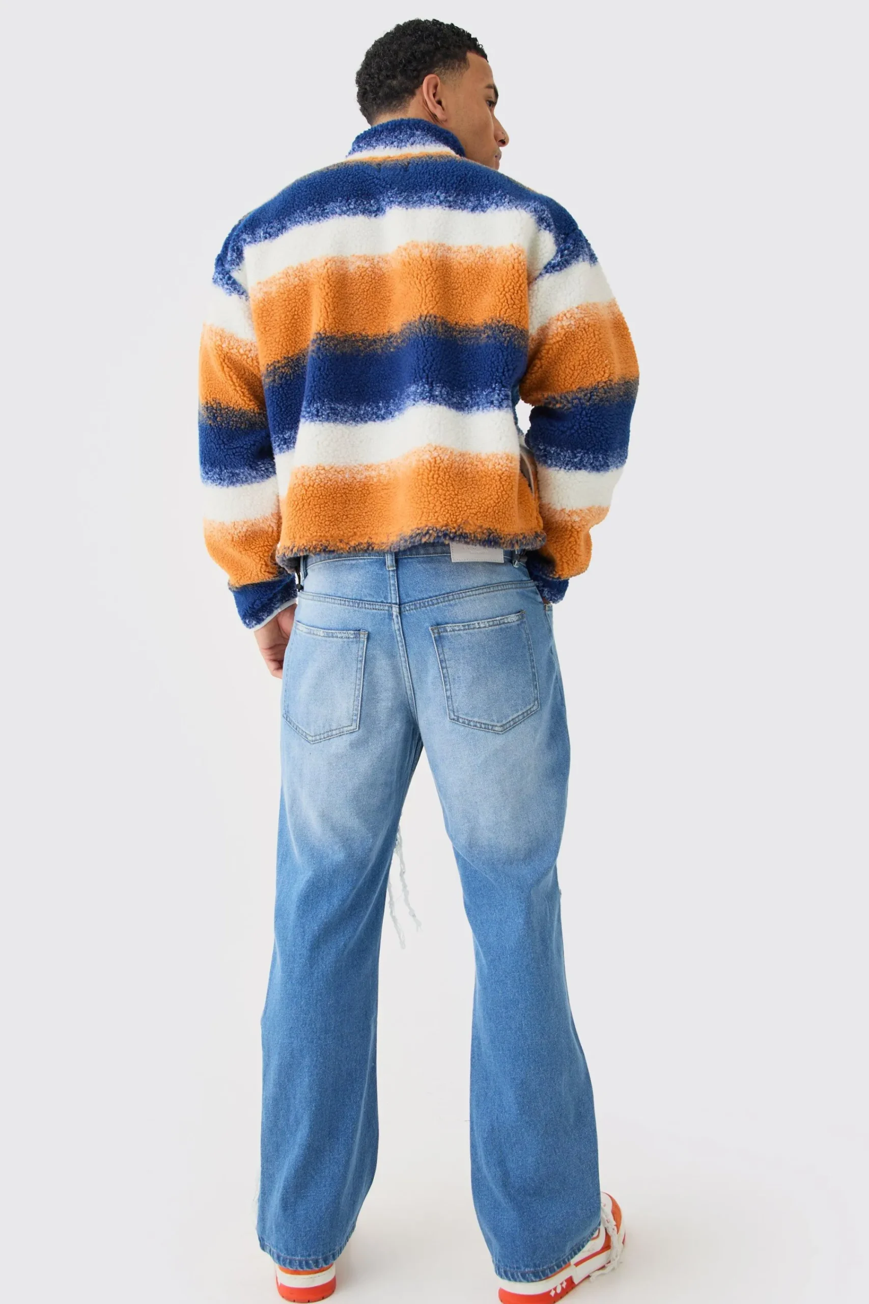 boohooMAN Relaxed Rigid Flare Rip & Repair Applique Jeans | UK| Trousers|Jeans