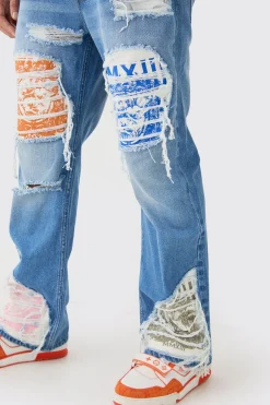 boohooMAN Relaxed Rigid Flare Rip & Repair Applique Jeans | UK| Trousers|Jeans