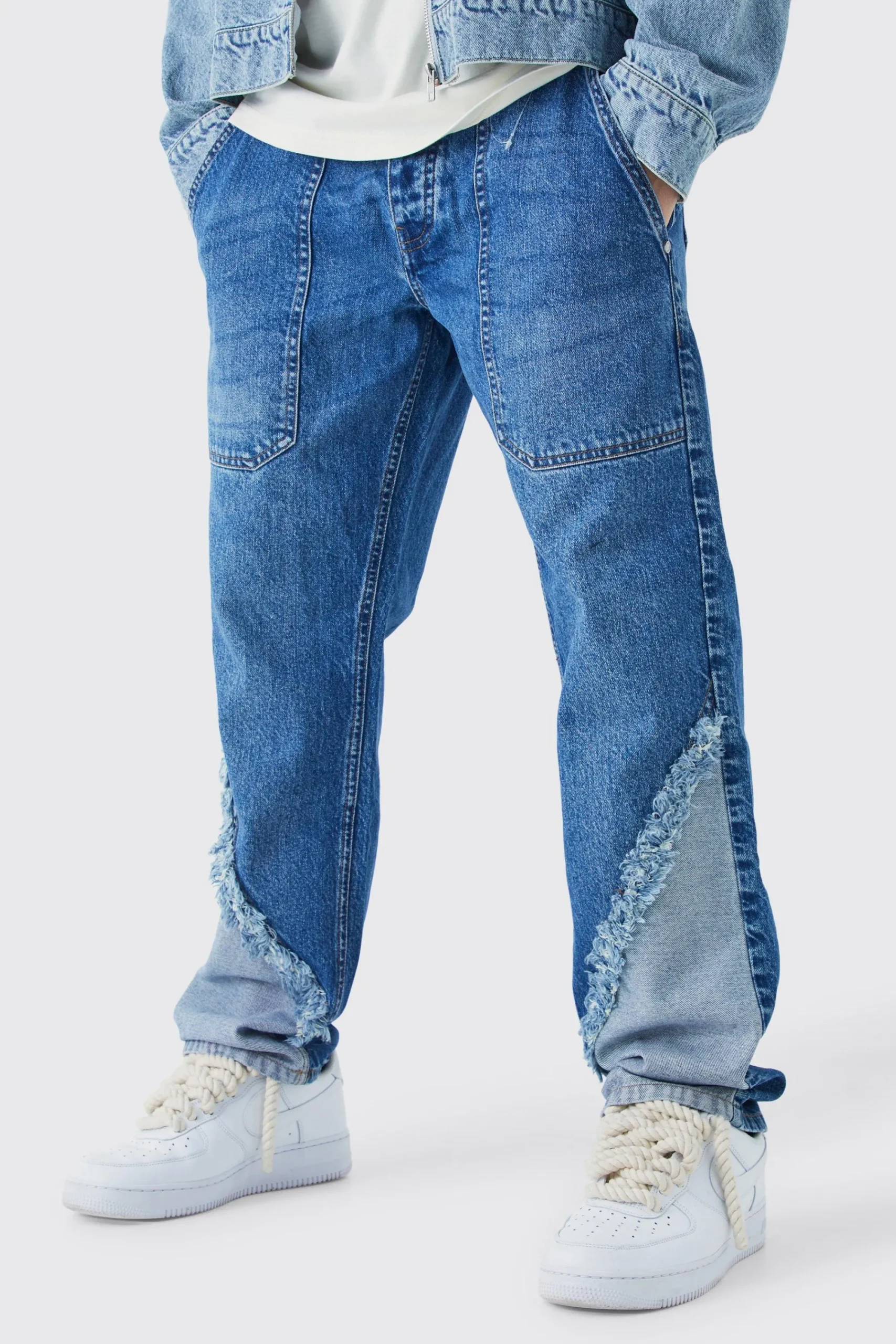 boohooMAN Relaxed Rigid Frayed Spliced Jeans In | UK| Trousers|Jeans