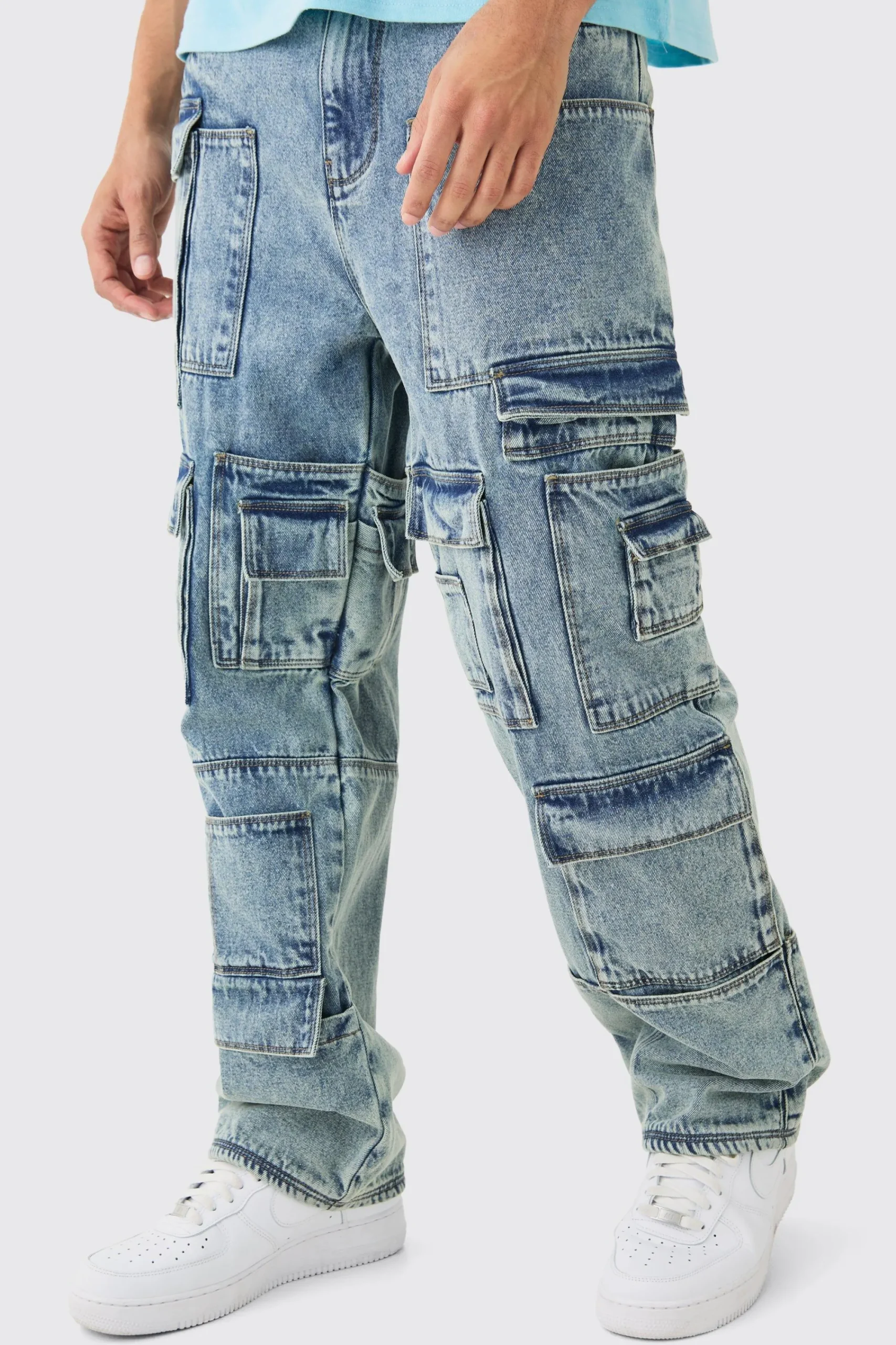 boohooMAN Relaxed Rigid Multi Pocket Cargo Jeans In Tinted Blue | UK| Trousers|Jeans