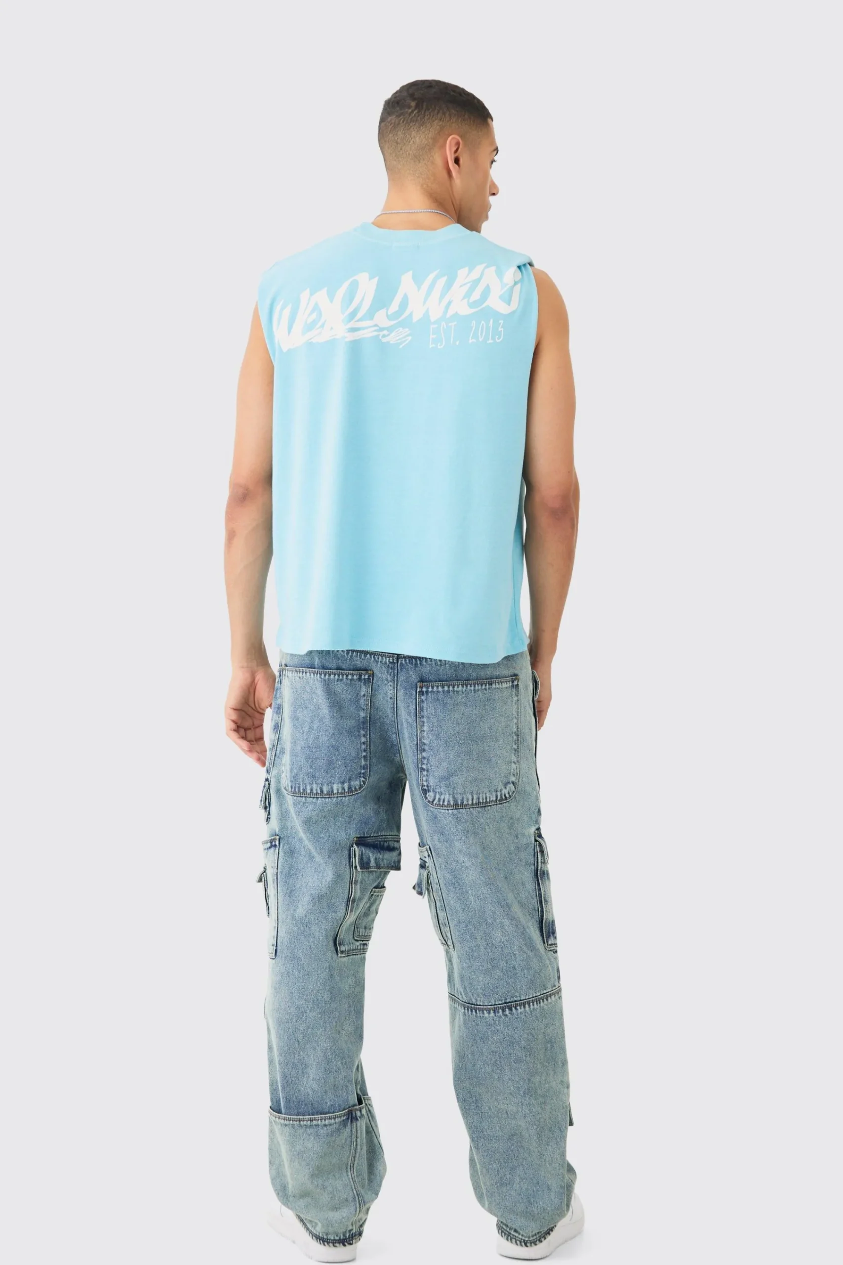 boohooMAN Relaxed Rigid Multi Pocket Cargo Jeans In Tinted Blue | UK| Trousers|Jeans