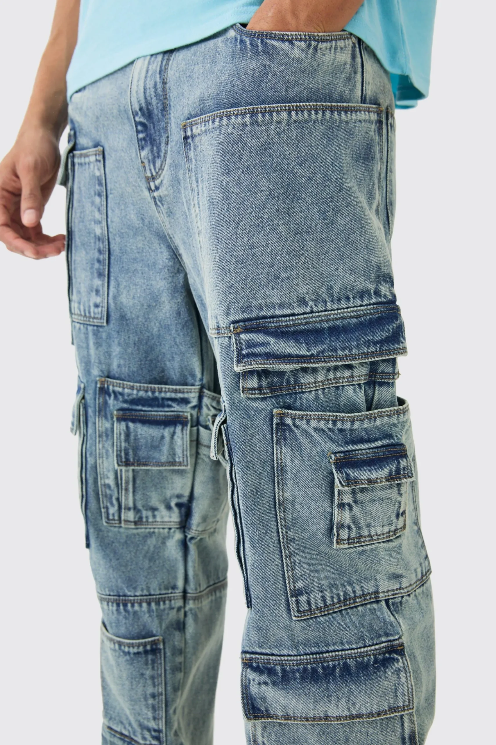 boohooMAN Relaxed Rigid Multi Pocket Cargo Jeans In Tinted Blue | UK| Trousers|Jeans