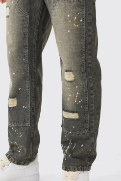 boohooMAN Relaxed Rigid Ripped Carpenter Paint Splatter Jeans In Antique | UK| Trousers|Jeans