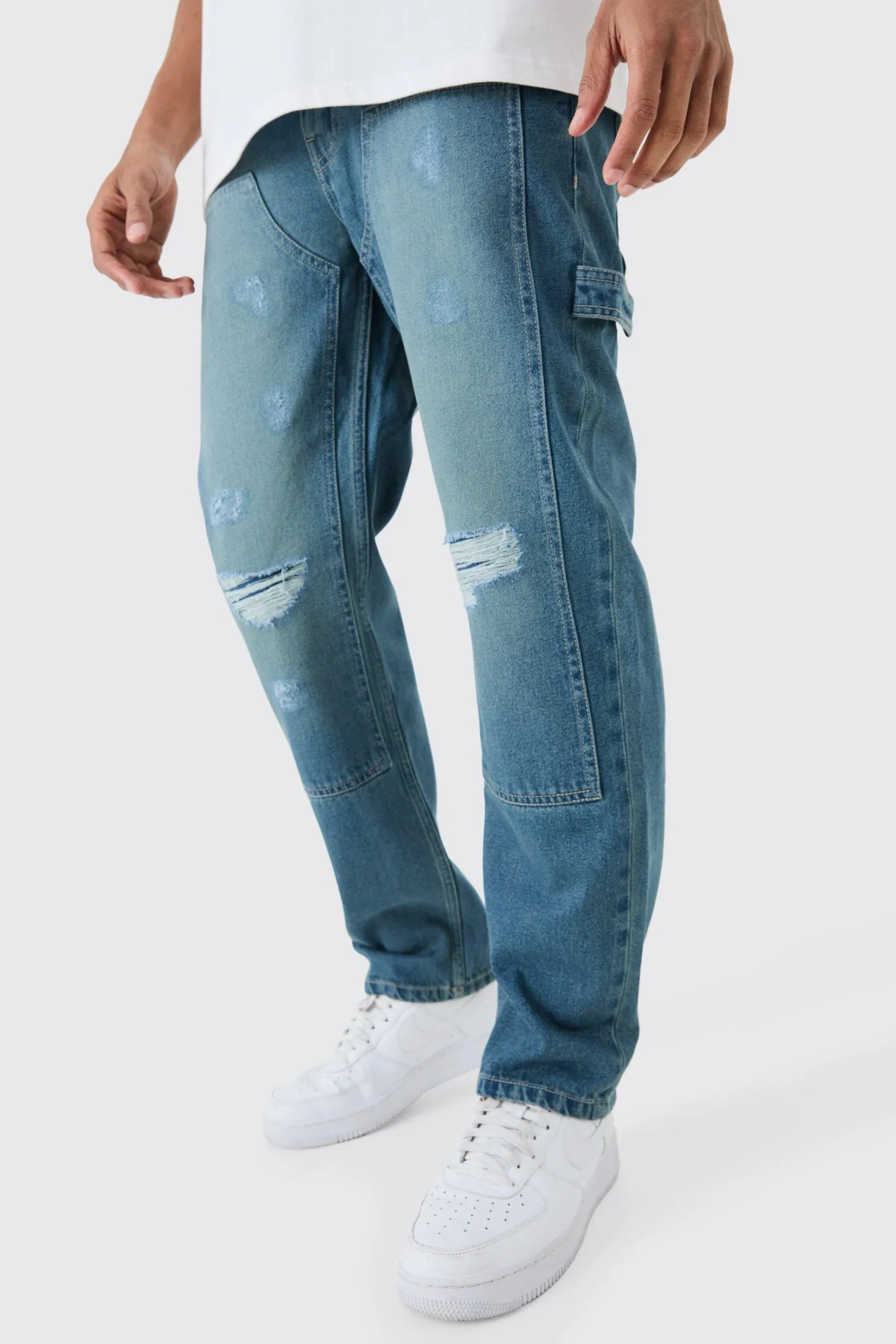 boohooMAN Relaxed Rigid Ripped Knee Carpenter Jeans In | UK| Trousers|Jeans