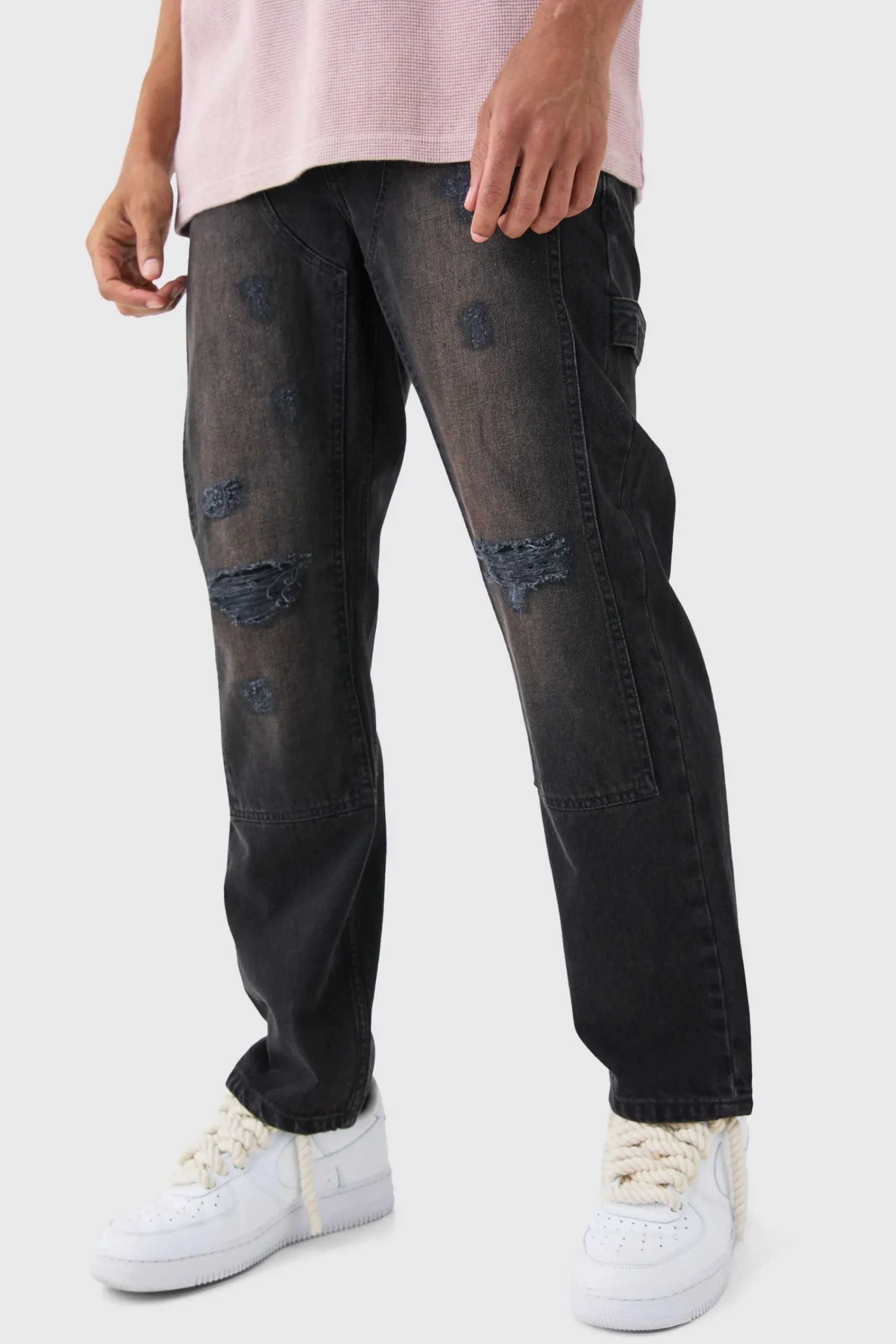 boohooMAN Relaxed Rigid Ripped Knee Carpenter Jeans In Washed | UK| Trousers|Jeans