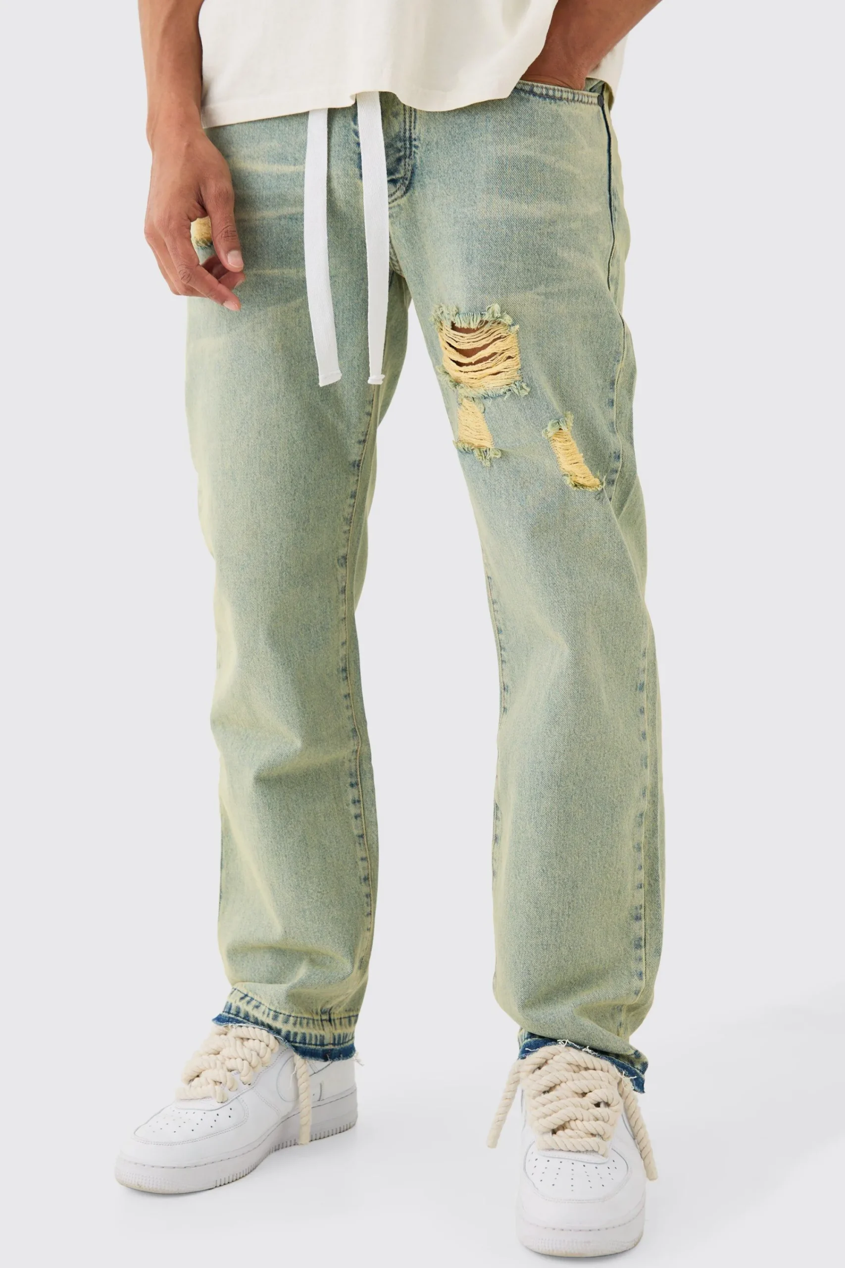 boohooMAN Relaxed Rigid Ripped Let Down Hem Jeans With Extended Drawcords In Wash | UK| Trousers|Jeans