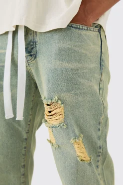 boohooMAN Relaxed Rigid Ripped Let Down Hem Jeans With Extended Drawcords In Wash | UK| Trousers|Jeans
