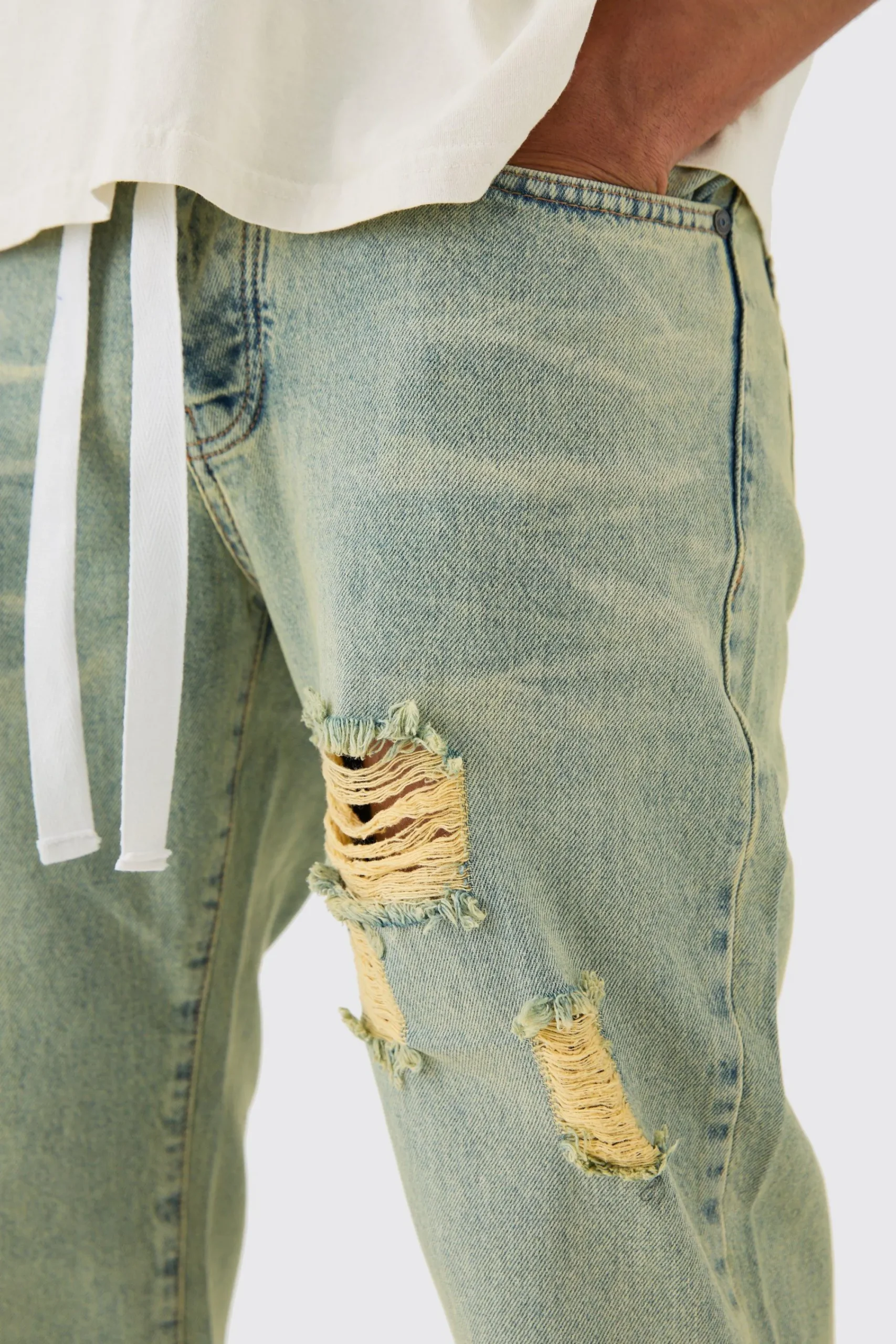 boohooMAN Relaxed Rigid Ripped Let Down Hem Jeans With Extended Drawcords In Wash | UK| Trousers|Jeans