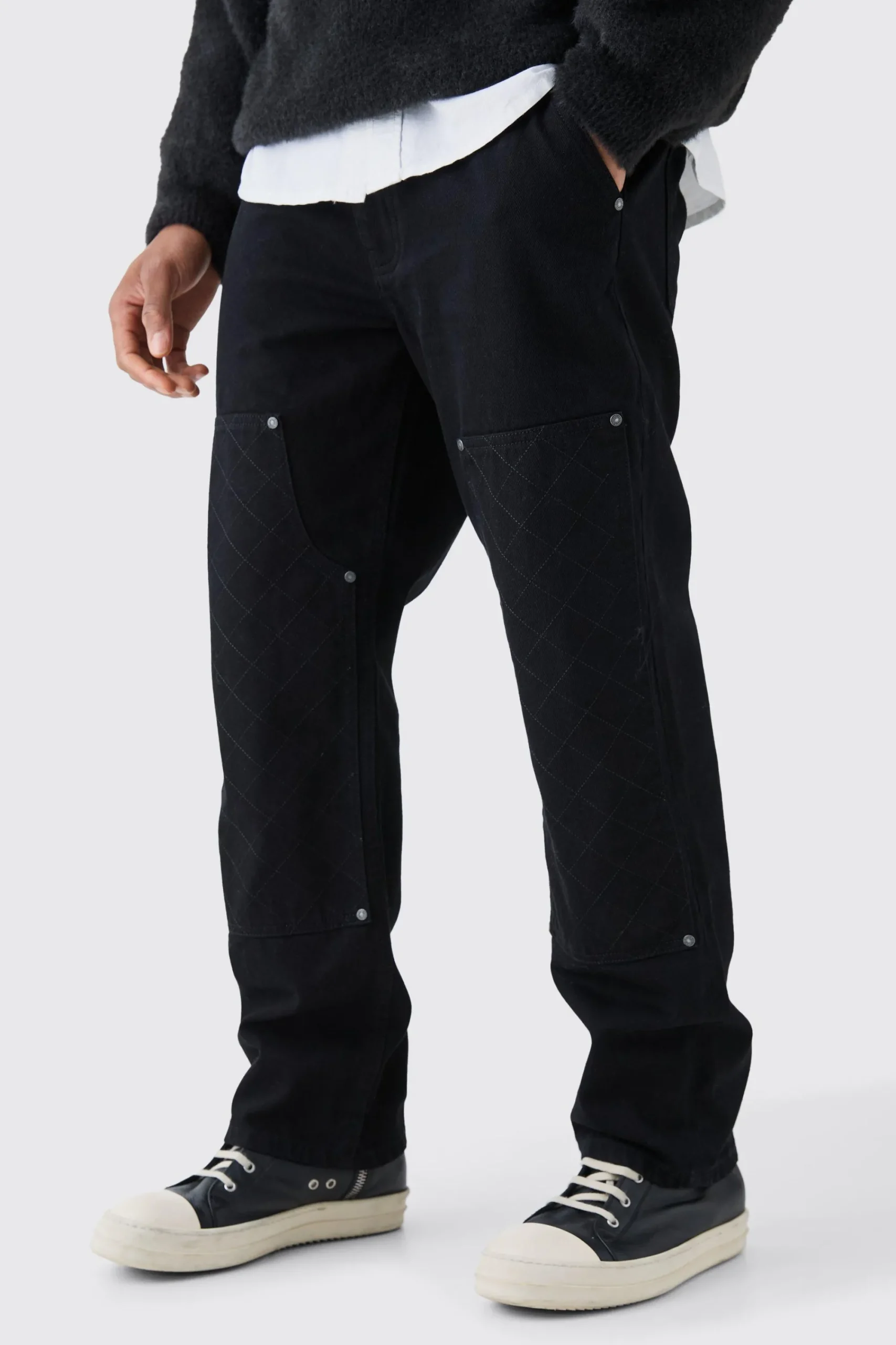 boohooMAN Relaxed Rigid Top Stitch Detail Carpenter Jean In Black | UK| Trousers|Jeans