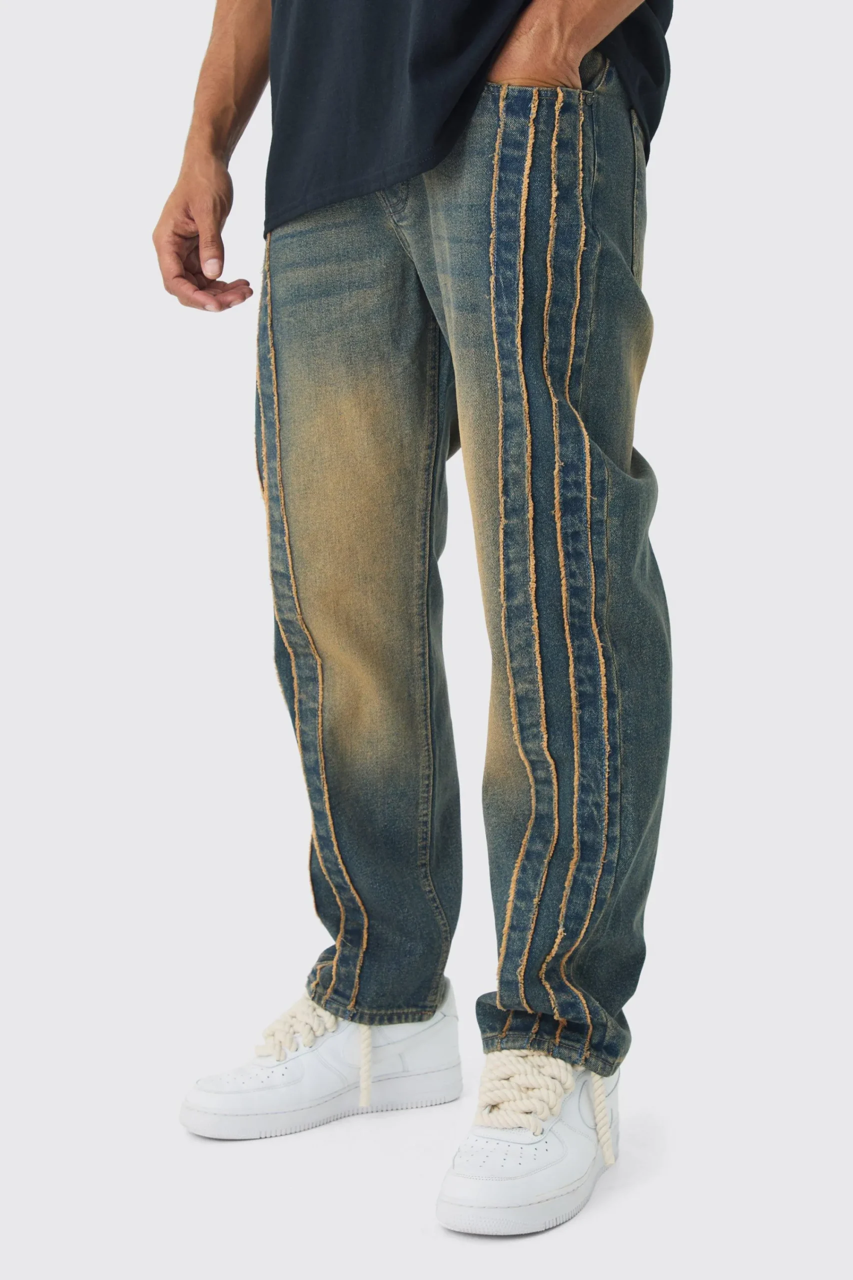 boohooMAN Relaxed Rigid Vintage Wash Distressed Side Panel Jeans | UK| Trousers|Jeans