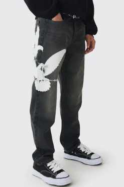 boohooMAN Relaxed Rigid Washed Dove Printed Jeans | UK| Trousers|Jeans