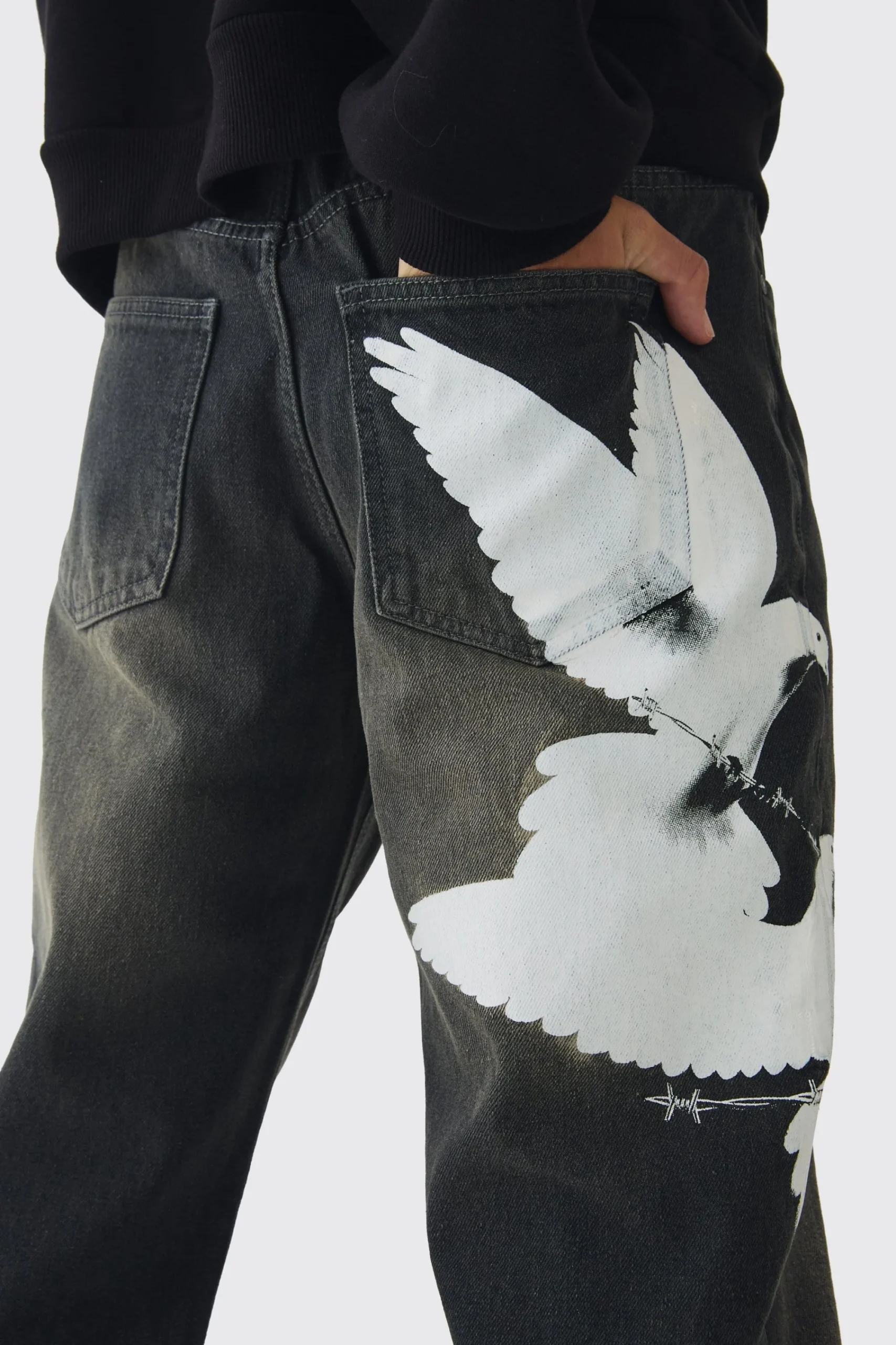 boohooMAN Relaxed Rigid Washed Dove Printed Jeans | UK| Trousers|Jeans