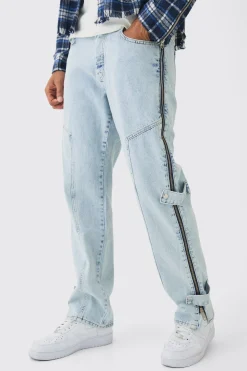 boohooMAN Relaxed Rigid Zip Detail Acid Washed Jeans | UK| Trousers|Jeans