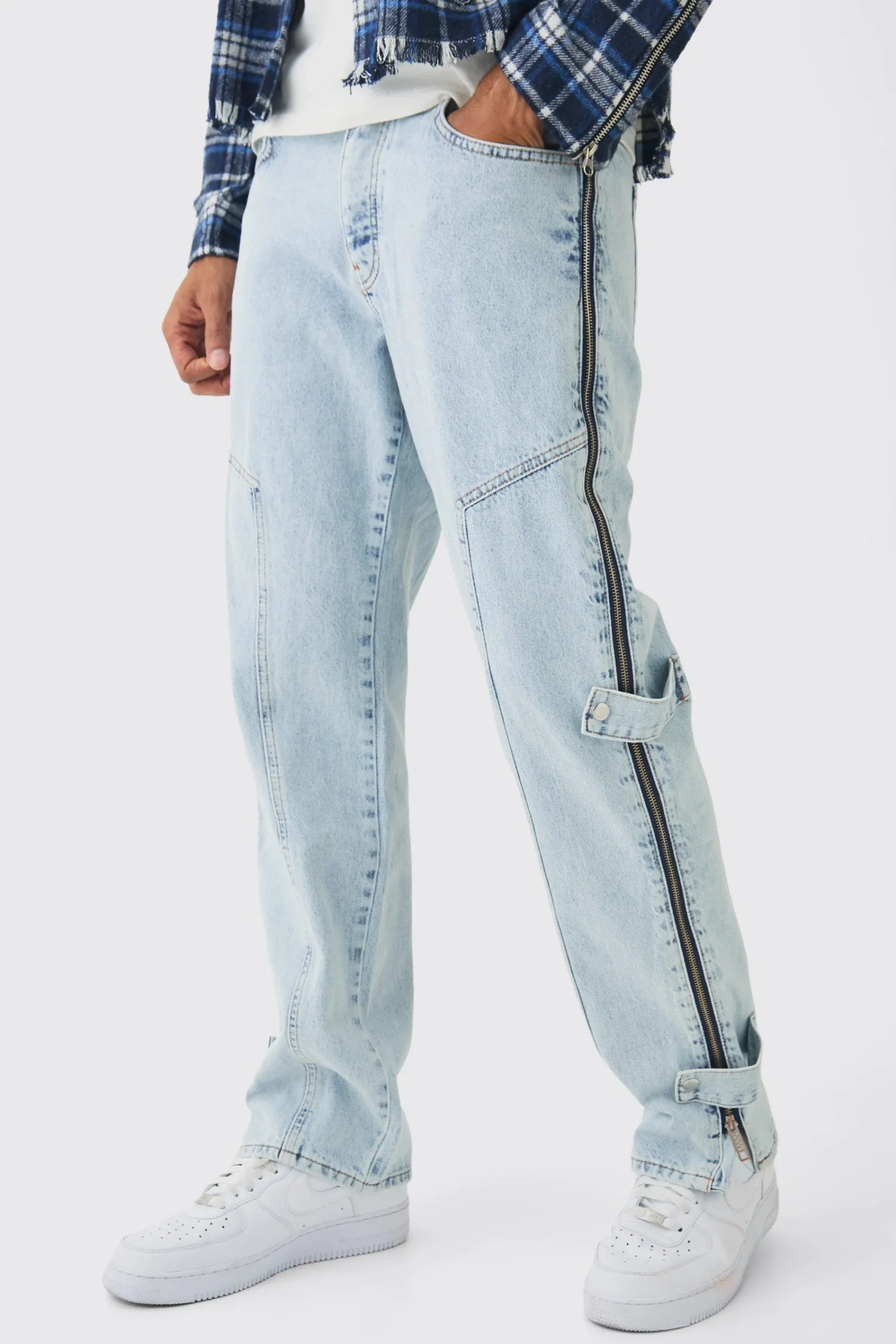 boohooMAN Relaxed Rigid Zip Detail Acid Washed Jeans | UK| Trousers|Jeans