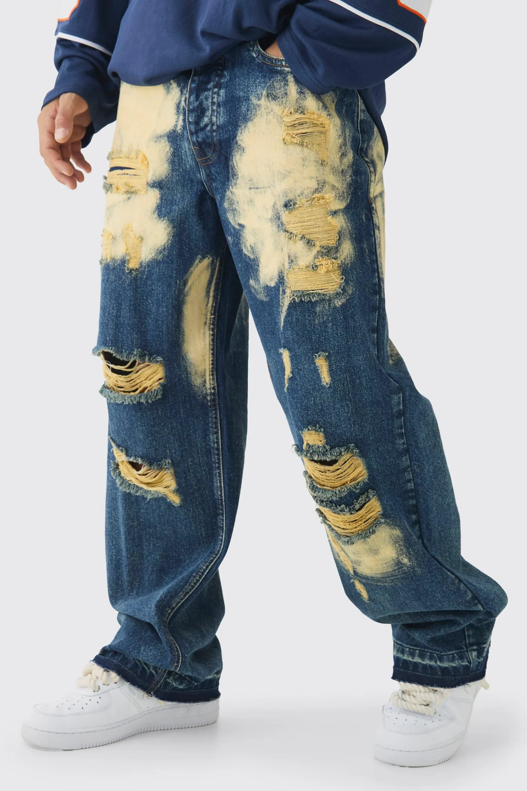 boohooMAN Relaxed Ripped Bleached Jeans With Let Down Hem | UK| Trousers|Jeans