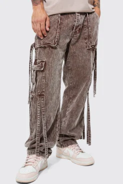 boohooMAN Relaxed Strap Detail Acid Wash Corduroy Trousers | UK| Trousers