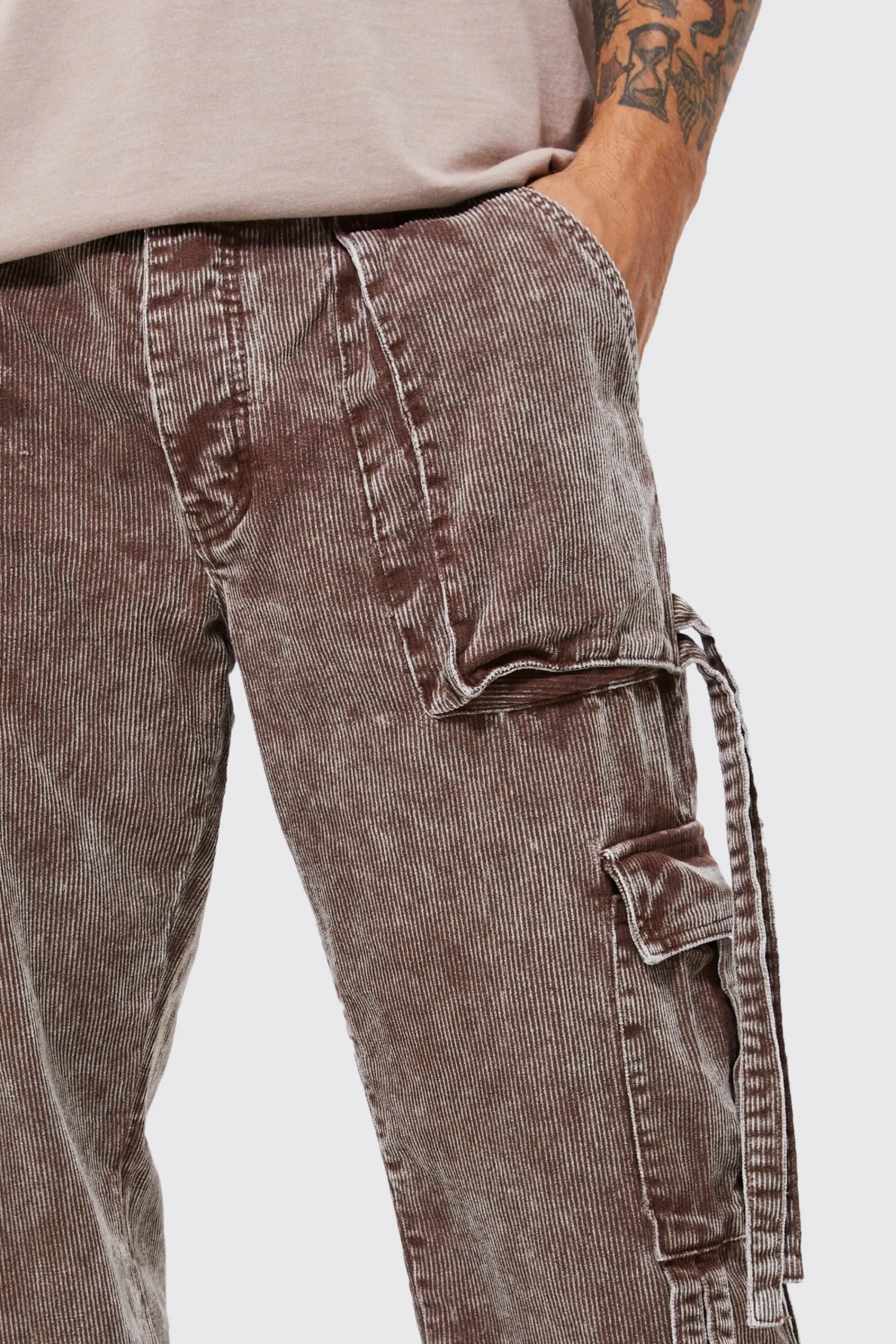 boohooMAN Relaxed Strap Detail Acid Wash Corduroy Trousers | UK| Trousers