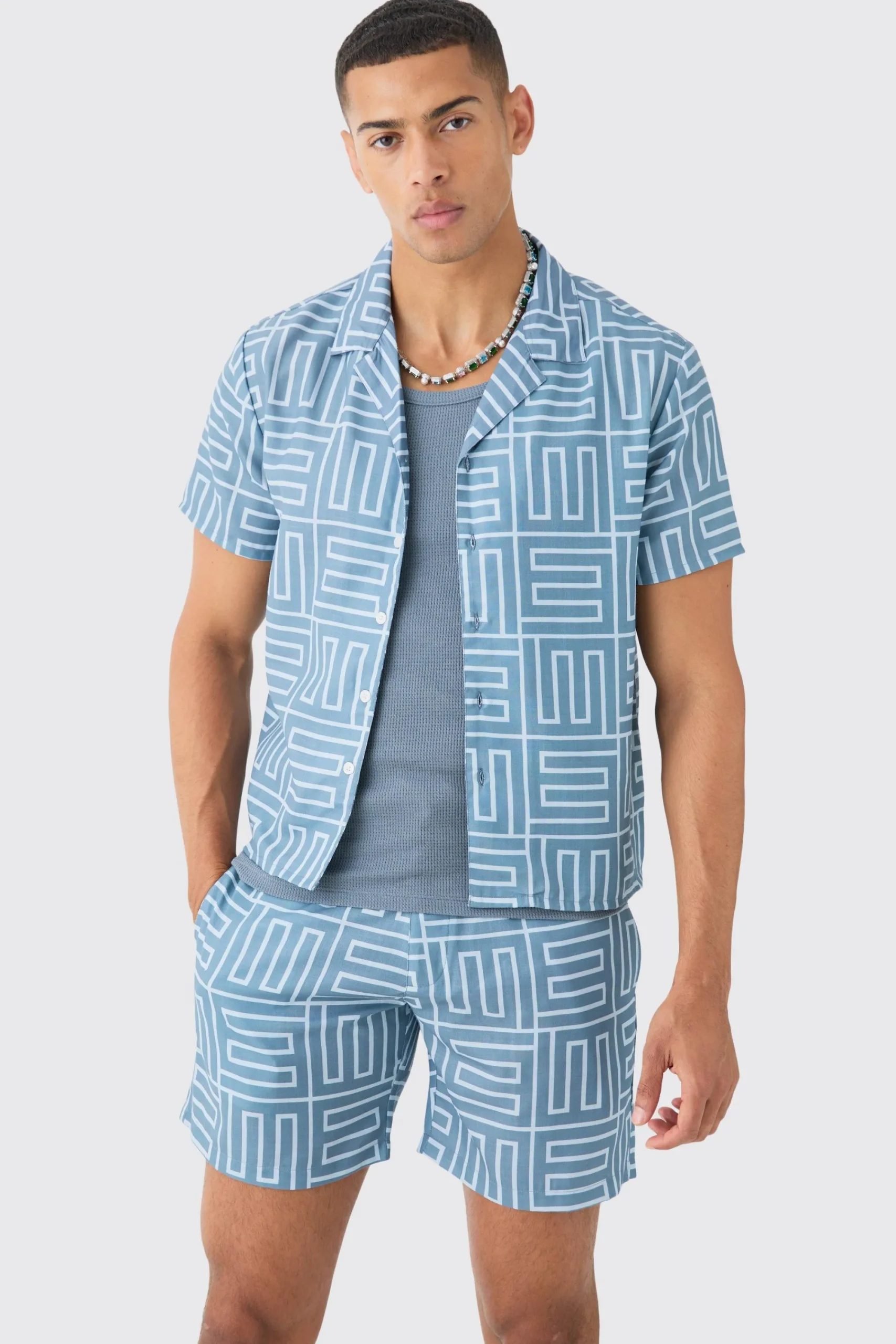 boohooMAN Revere Collar Boxy Shirt And Short Set In | UK| Sets & Co-Ords