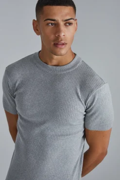 Ribbed Muscle Short Sleeve Extended Neck Knitted T-shirt | UK^boohooMAN Online