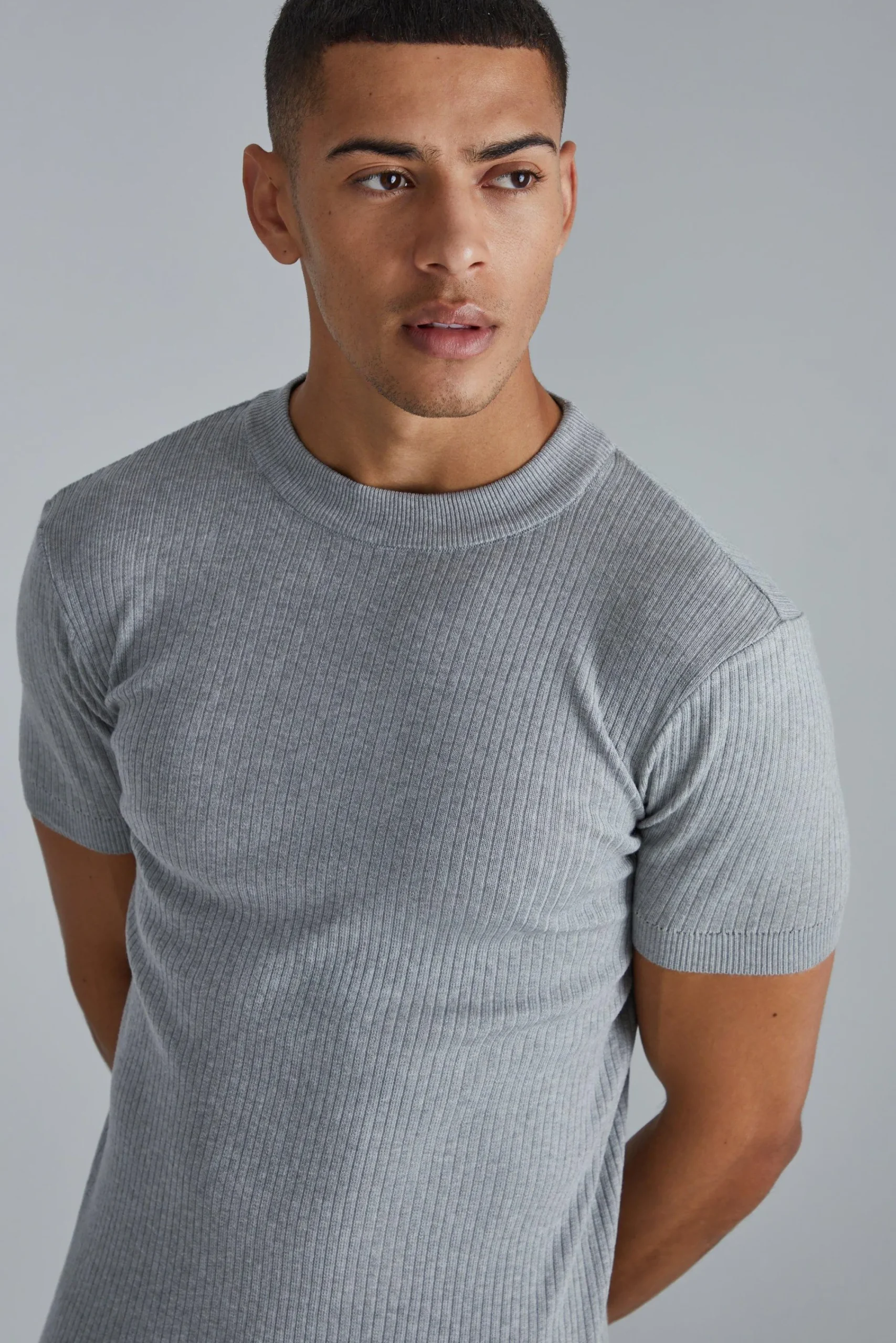 Ribbed Muscle Short Sleeve Extended Neck Knitted T-shirt | UK^boohooMAN Online