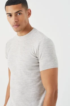 Ribbed Short Sleeve Extended Neck Knitted T-shirt | UK^boohooMAN New