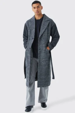 boohooMAN Salt & Pepper Contrast Sleeve Belted Overcoat | UK| Coats & Jackets