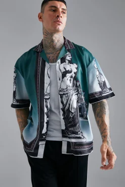 boohooMAN Satin Oversized Revere Statue Border Shirt | UK| Shirts