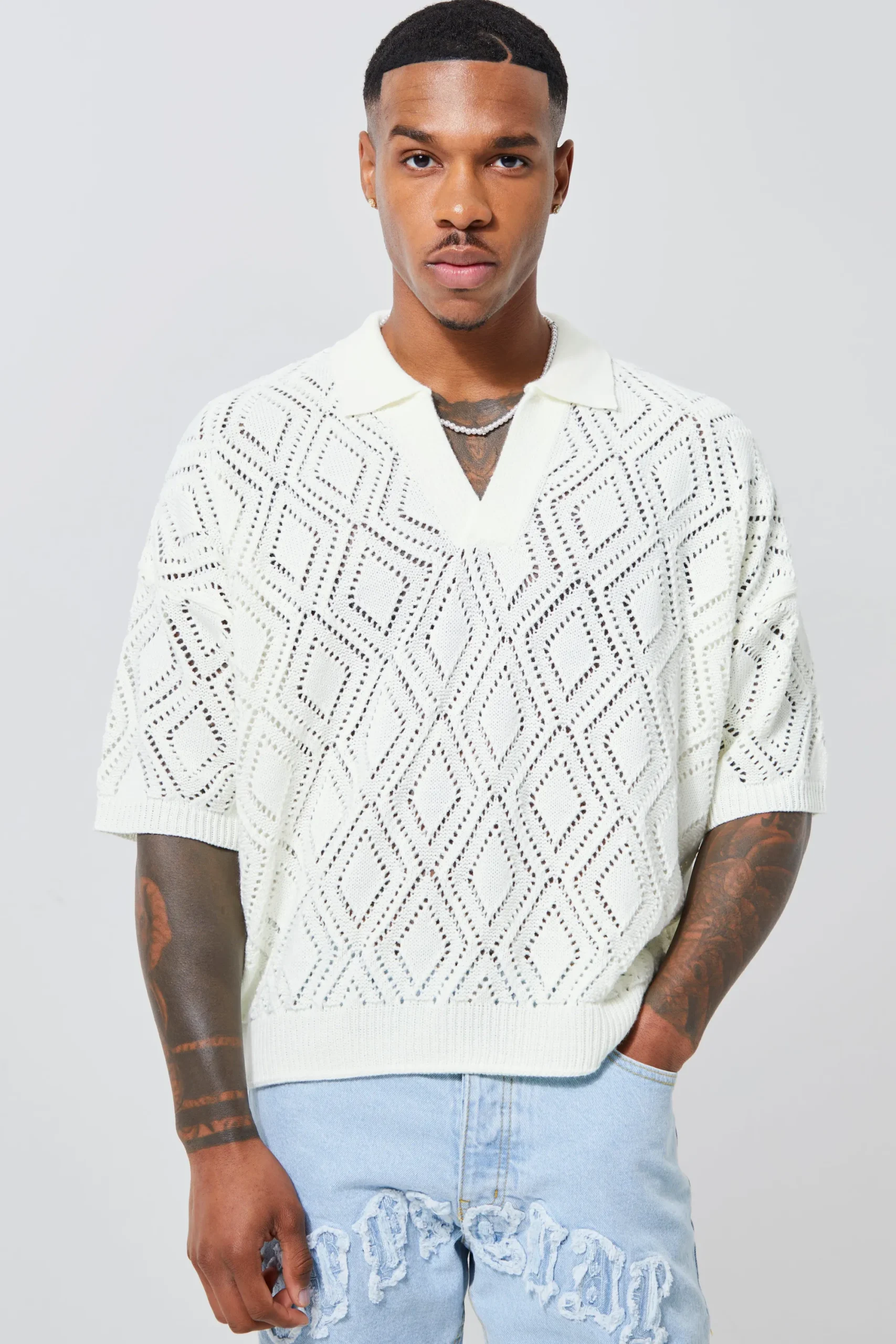 Short Sleeve Boxy Fit Revere Open Knit Polo | UK^boohooMAN