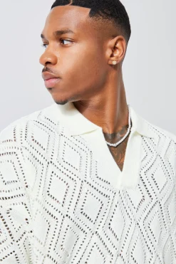 Short Sleeve Boxy Fit Revere Open Knit Polo | UK^boohooMAN