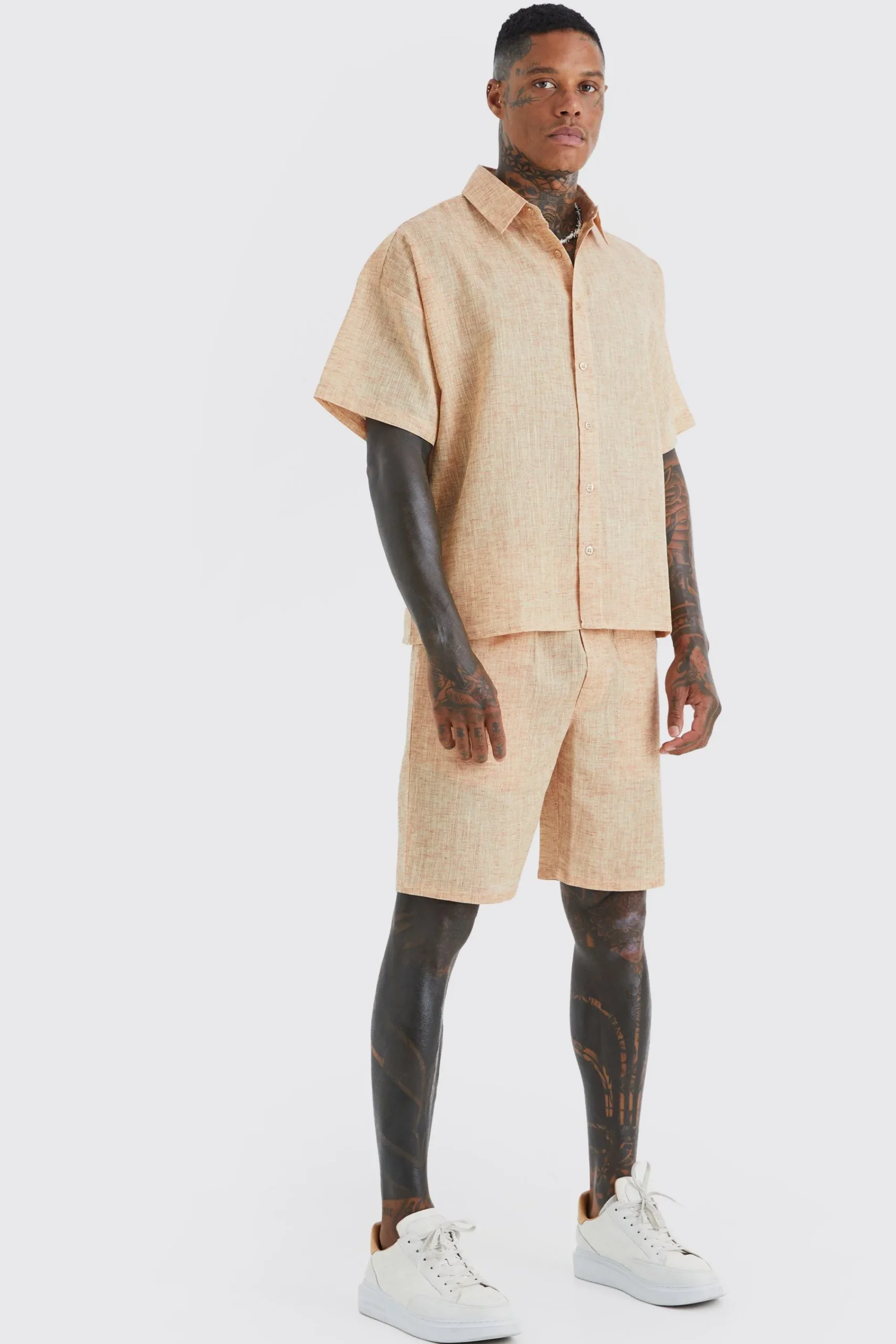 boohooMAN Short Sleeve Boxy Linen Look Shirt And Short | UK| Sets & Co-Ords