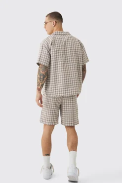 boohooMAN Short Sleeve Boxy Linen Look Houndstooth Shirt & Short | UK| Sets & Co-Ords