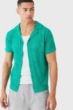 boohooMAN Short Sleeve Checkerboard Open Stitch Shirt In | UK| Shirts