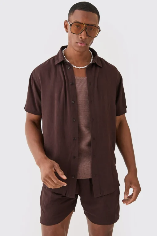 boohooMAN Short Sleeve Cheese Cloth Shirt And Short Set | UK| Sets & Co-Ords