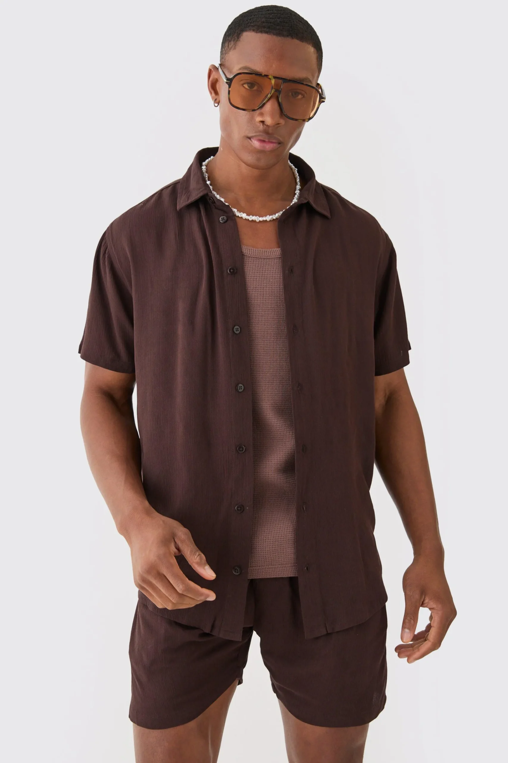 boohooMAN Short Sleeve Cheese Cloth Shirt And Short Set | UK| Sets & Co-Ords