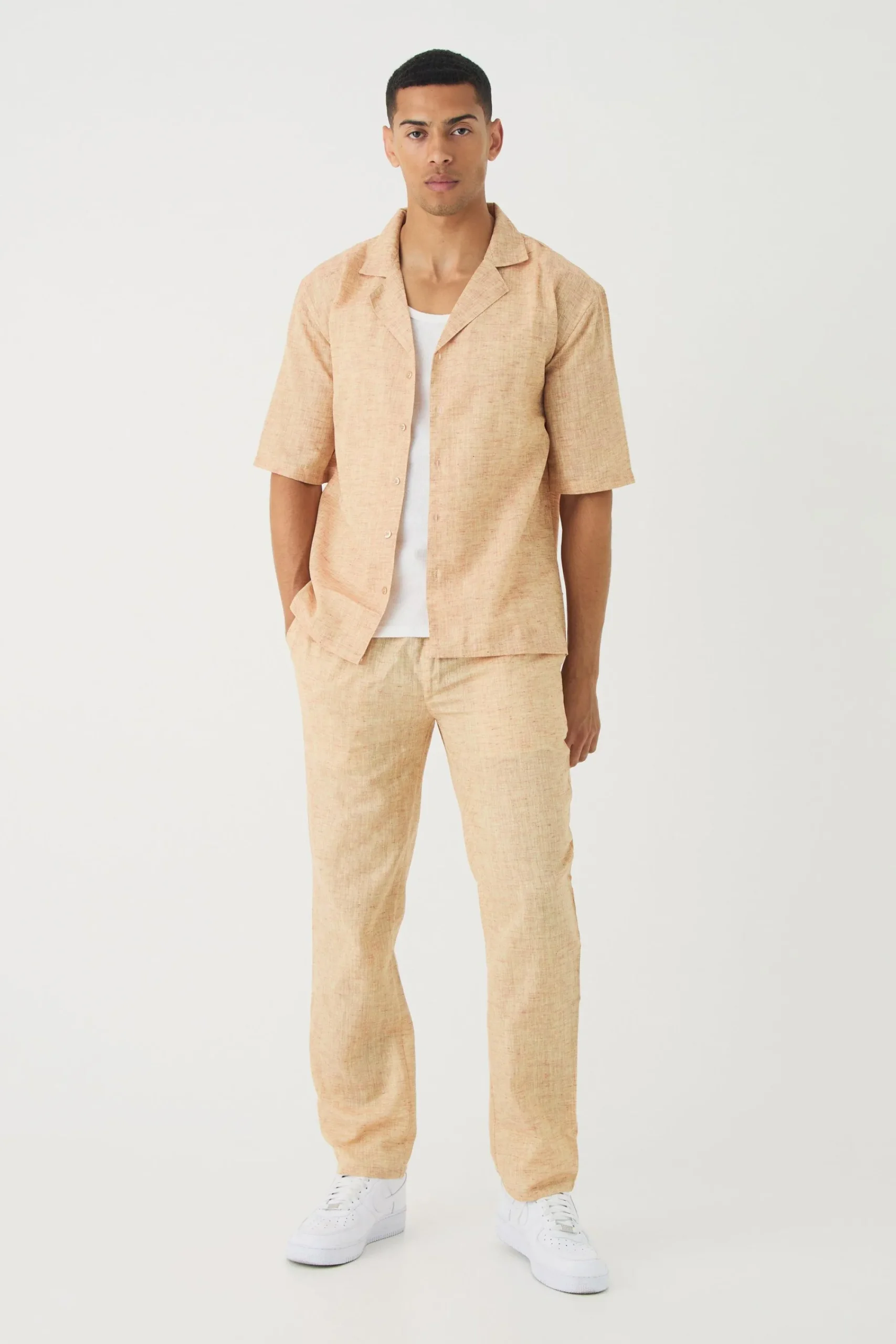 boohooMAN Short Sleeve Drop Linen Look Revere Shirt & Straight Trouser | UK| Sets & Co-Ords