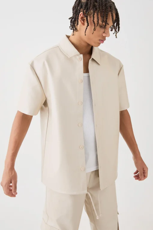 boohooMAN Short Sleeve Drop Shoulder Pu Overshirt & Cargo Trouser Set | UK| Trousers|Cargos