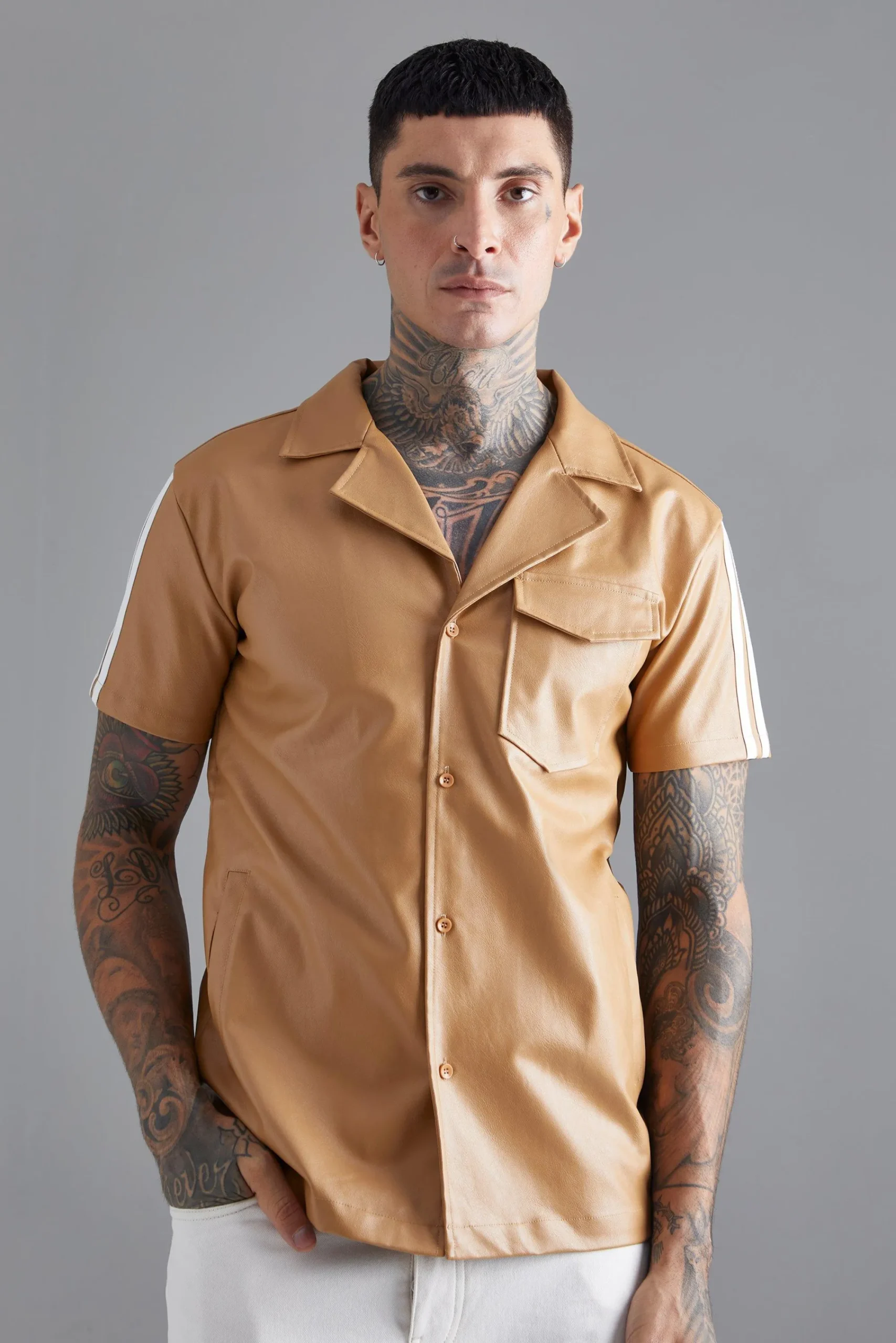 boohooMAN Short Sleeve Dropped Revere Tape Detail Shirt | UK| Shirts
