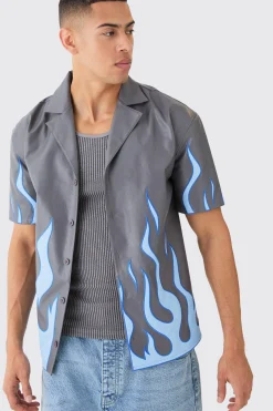boohooMAN Short Sleeve Dropped Revere Pu Flame Shirt | UK| Shirts