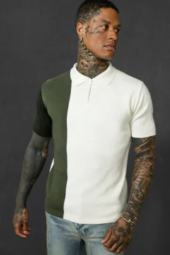 boohooMAN Short Sleeve Half Zip Colour Block Knit Polo | UK| Knitwear