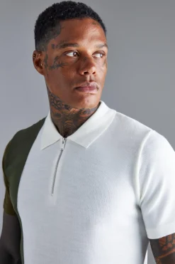 boohooMAN Short Sleeve Half Zip Colour Block Knit Polo | UK| Knitwear